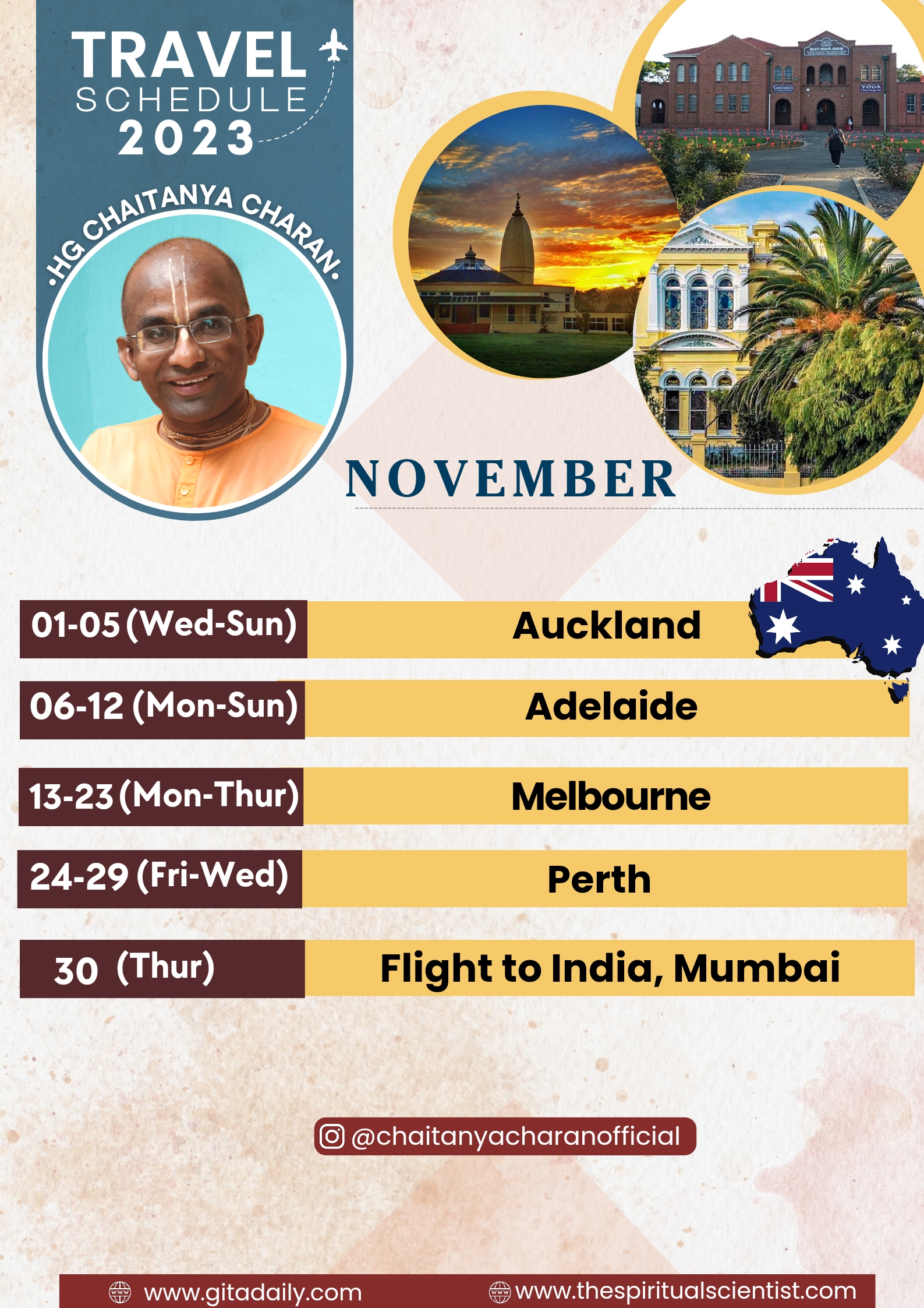 Chaitanya Charan Australia Travel Schedule November 2023